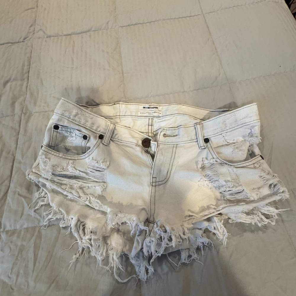 One Teaspoon Frayed White Denim Shorts